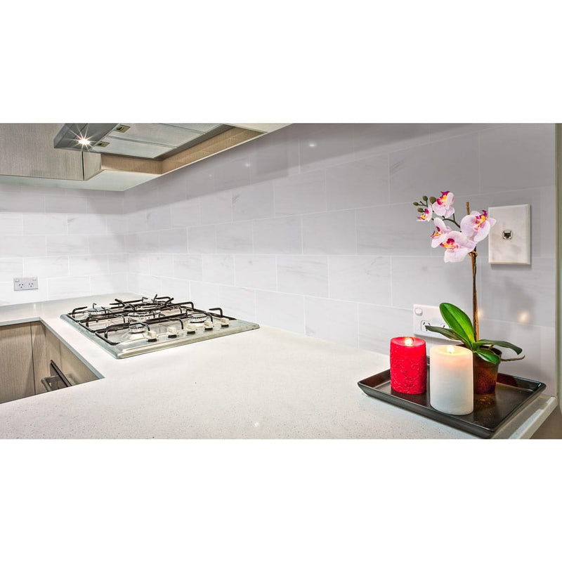 bianco dolomite marble tile 4x12 honed installed kitchen wall backsplash