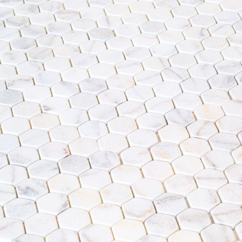 bianco ibiza white marble mosaic tile 2 hexagon backsplash tumbled BIBZWMMH2T multiple angle closeup view