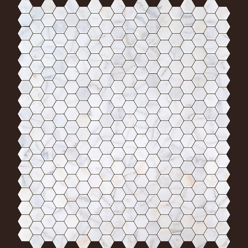 bianco ibiza white marble mosaic tile 2 hexagon backsplash tumbled BIBZWMMH2T multiple top view black grouted