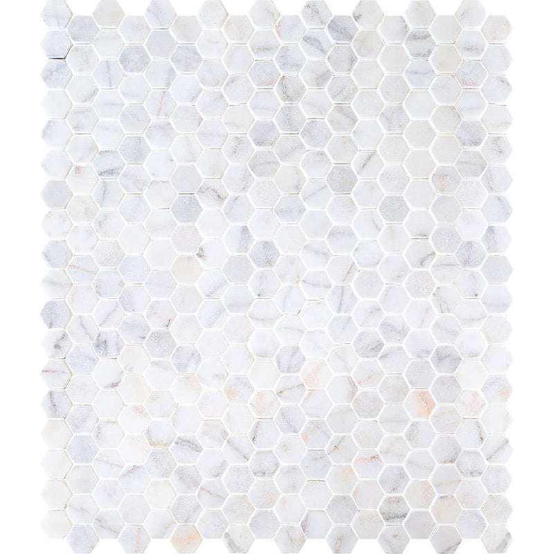 bianco ibiza white marble mosaic tile 2 hexagon backsplash tumbled BIBZWMMH2T multiple top view white grouted