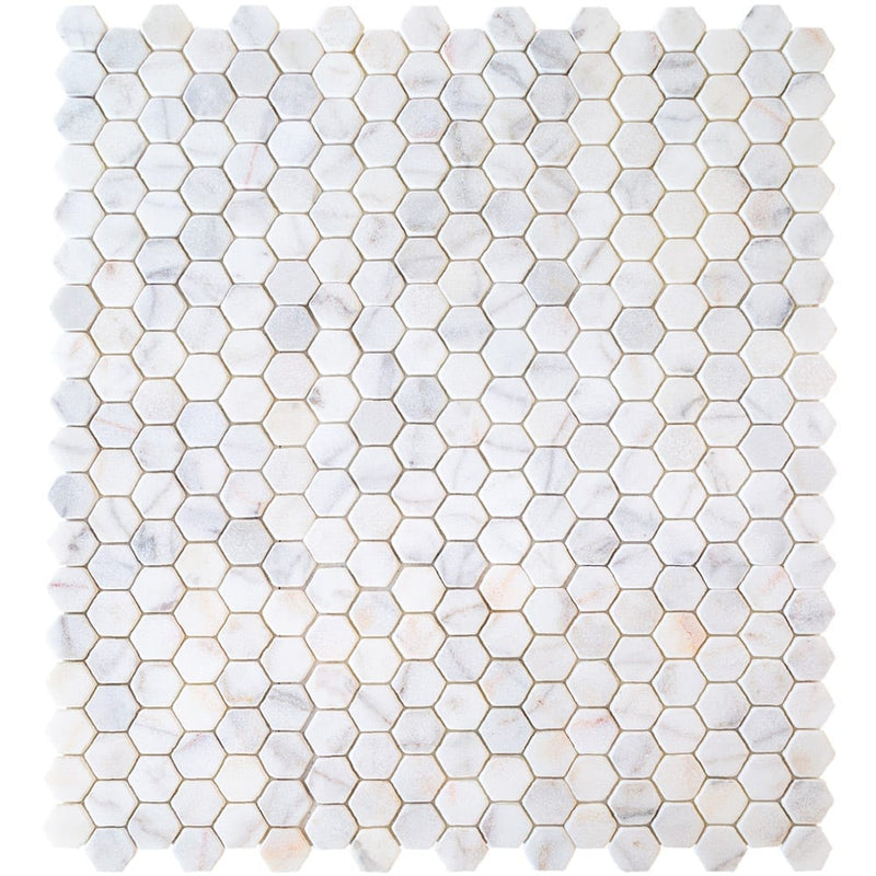 bianco ibiza white marble mosaic tile 2 hexagon backsplash tumbled BIBZWMMH2T multiple top view