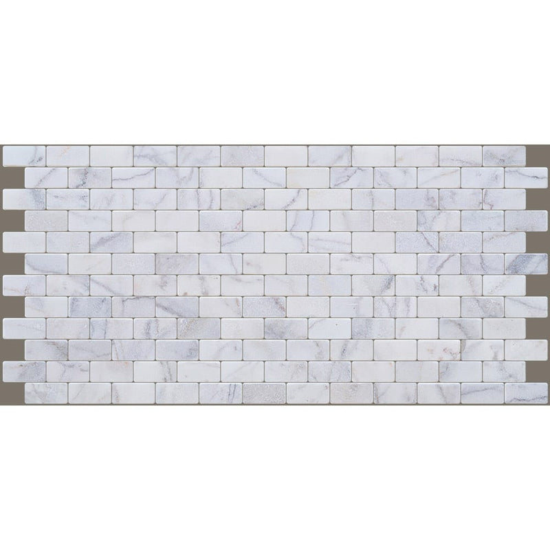 bianco ibiza white marble mosaic tile 2x4 backsplash tumbled BIBZWMM2x4T top view gray grouted