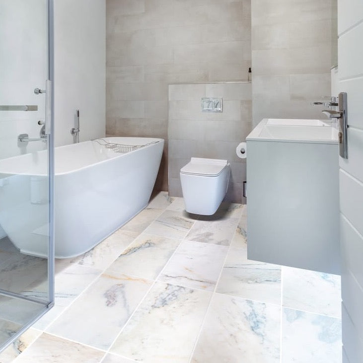 bianco ibiza white marble tile 12x24 polished BIBWMZ12x24P installed on bathroom floor