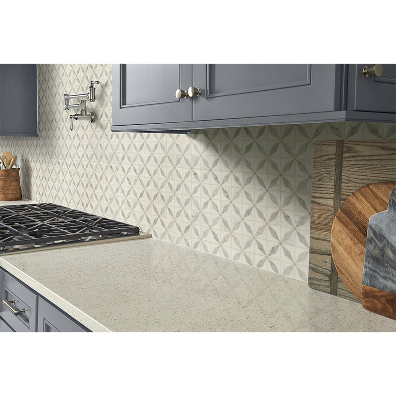 Bianco starlite 12x12 polished marble mesh mounted mosaic tile SMOT-BIANDOL-STARP product shot kitchen view 2