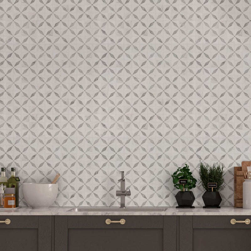 Bianco starlite 12x12 polished marble mesh mounted mosaic tile SMOT-BIANDOL-STARP product shot kitchen view 3
