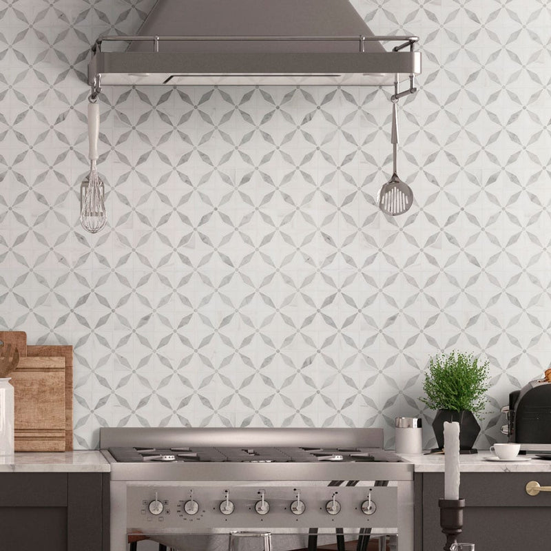 Bianco starlite 12x12 polished marble mesh mounted mosaic tile SMOT-BIANDOL-STARP product shot kitchen view 4