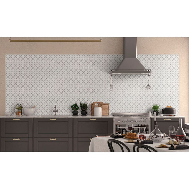 Bianco starlite 12x12 polished marble mesh mounted mosaic tile SMOT-BIANDOL-STARP product shot kitchen view