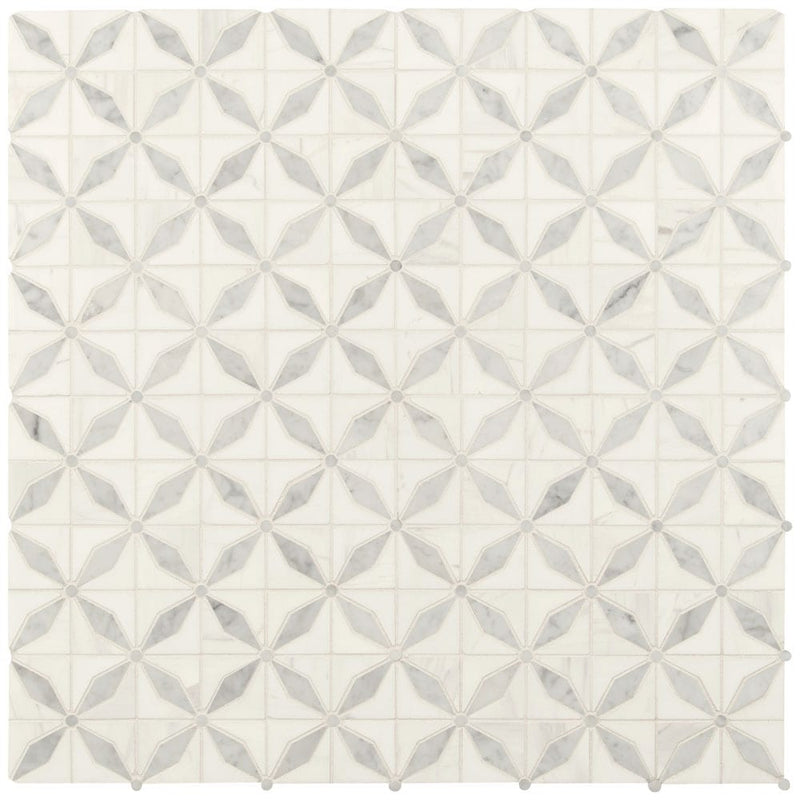Bianco starlite 12x12 polished marble mesh mounted mosaic tile SMOT-BIANDOL-STARP product shot multiple tiles angle view