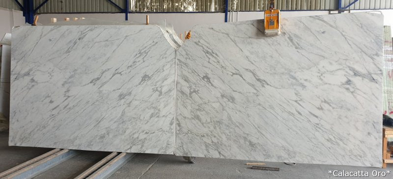 calacatta oro white marble slabs polished 2cm slabs 2 slabs book matching front view