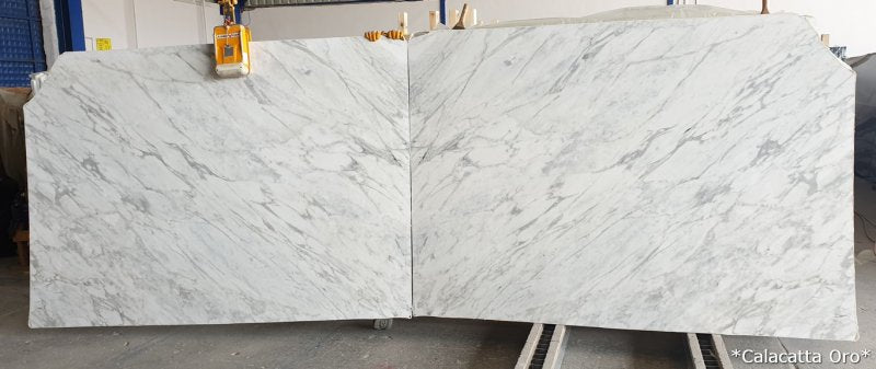 calacatta oro white marble slabs polished 2cm slabs 2 slabs book matching front view