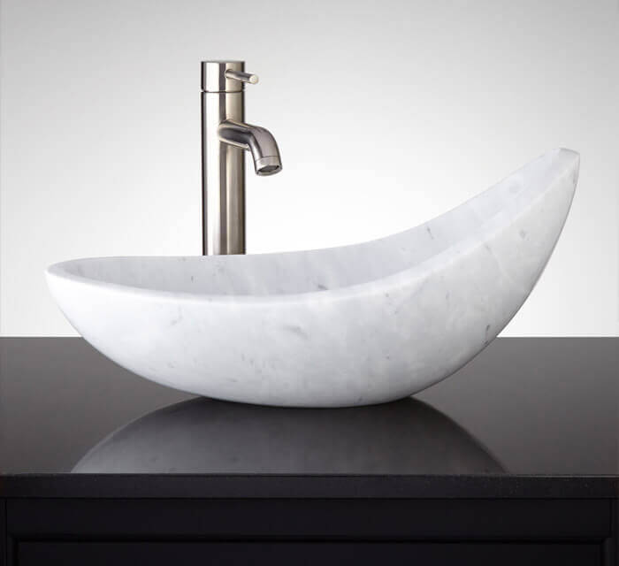 carrara white marble asymmetric over counter vessel sink YEDSIM08 W14 L22 H8 bathroom view