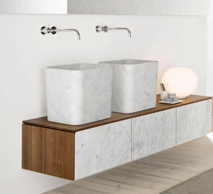 carrara white marble rectangular over counter vessel sink YEDSIM10 W14 L16 H14 bathroom view 2 sinks