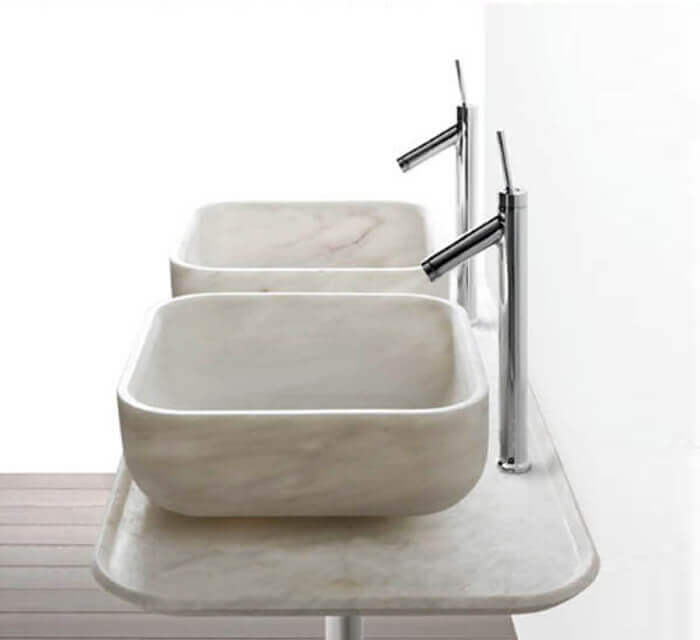 carrara white marble square over counter vessel sink YEDSIM06 W17 L17 H6 bathroom angle view