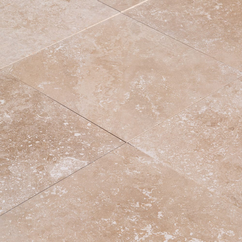 classic beige travertine tile 18x18 Honed Filled 9 tiles angle view