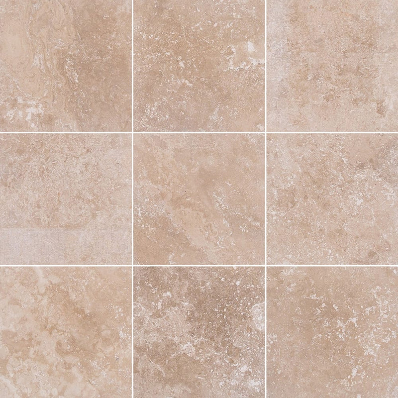 classic beige travertine tile 18x18 Honed Filled 9 tiles top view grouted
