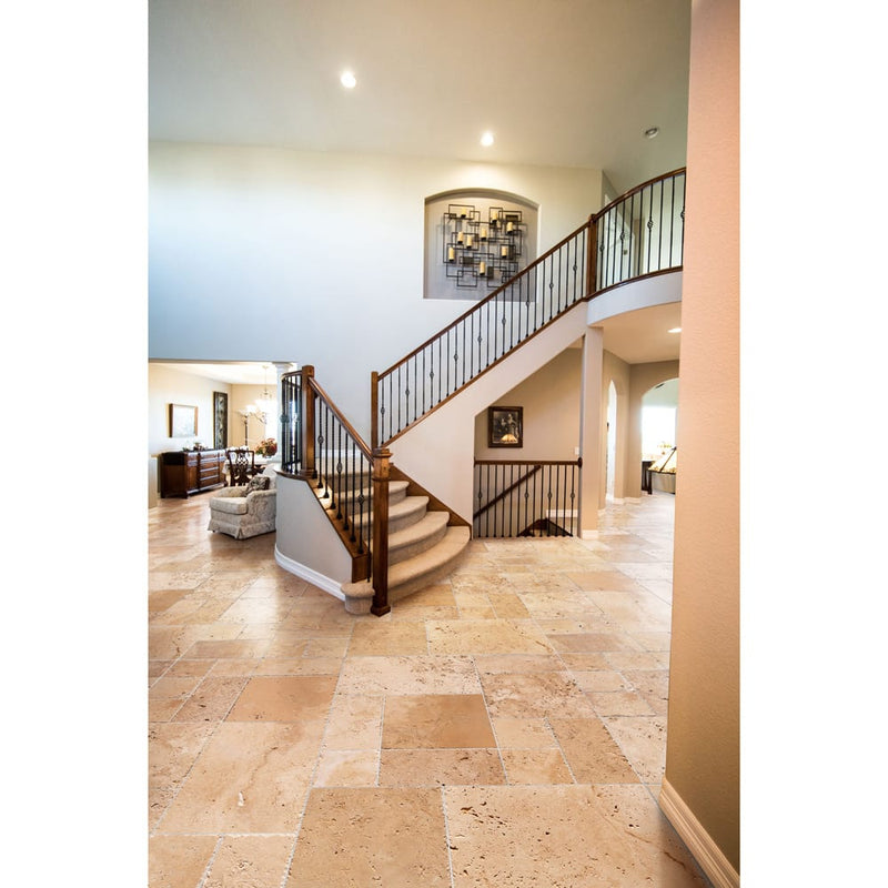 classic beige travertine tiles antique pattern brushed chiseled CBLTAPBFCE installed to a foyer of a house floor
