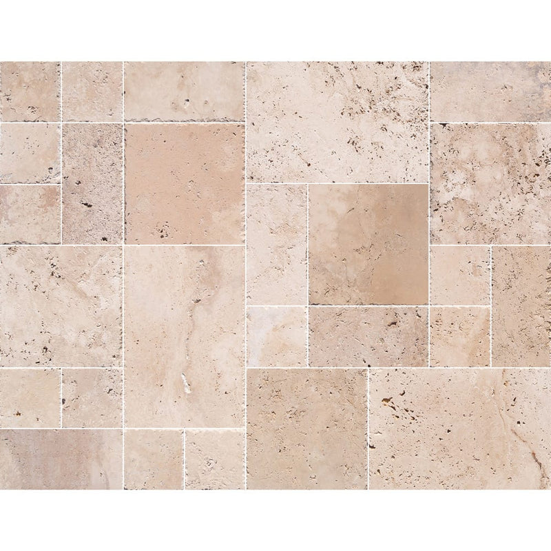 classic beige travertine tiles antique pattern brushed chiseled CBLTAPBFCE top view grouted