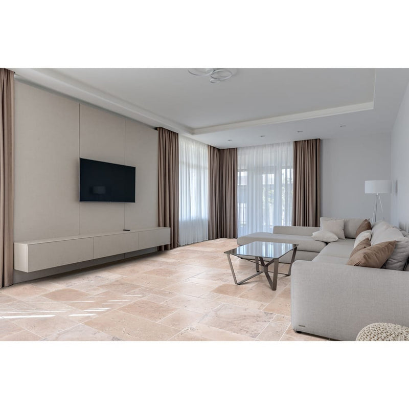 classic beige travertine tiles antique pattern tumbled CBLTAPTUM installed living room floor