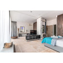 classic light beige travertine tile 24x24 Honed and Filled installed to a hotel room floor closeup wide view