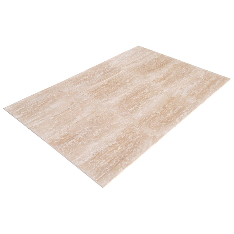 classic light vein cut travertine tile 12x24 honed filled angle wide view
