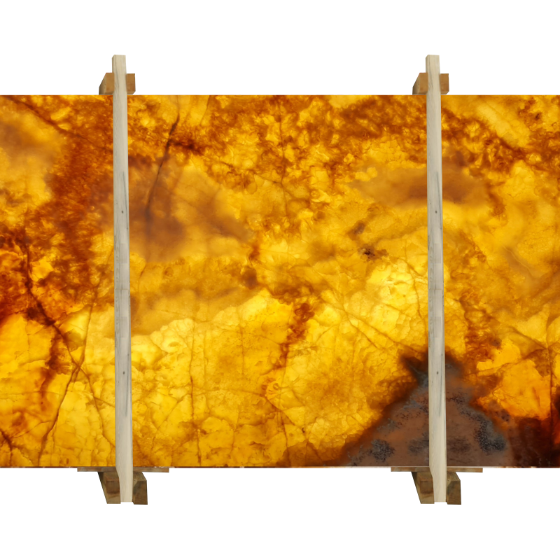 cola honey transluscent onyx slabs polished 2cm product shot backlit wooden bundle front view
