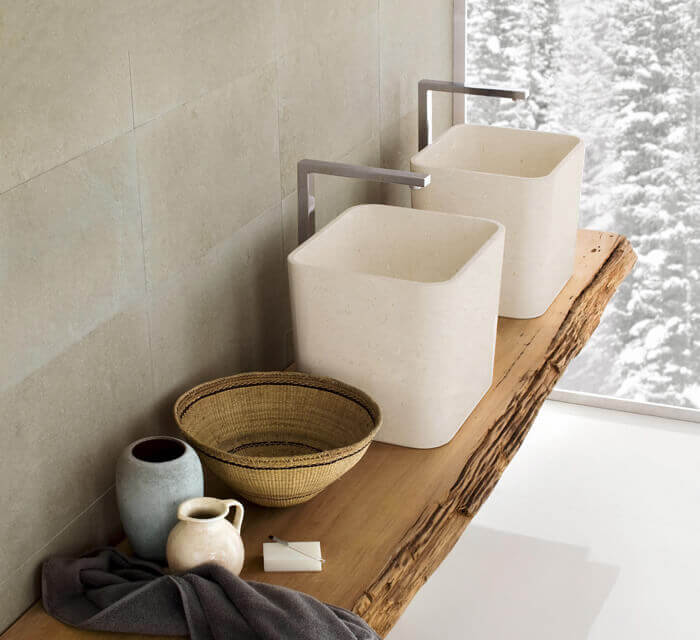 crema marfil marble rectangular over counter vessel sink YEDSIM09 W14 L16 H14 bathroom view 2 sinks