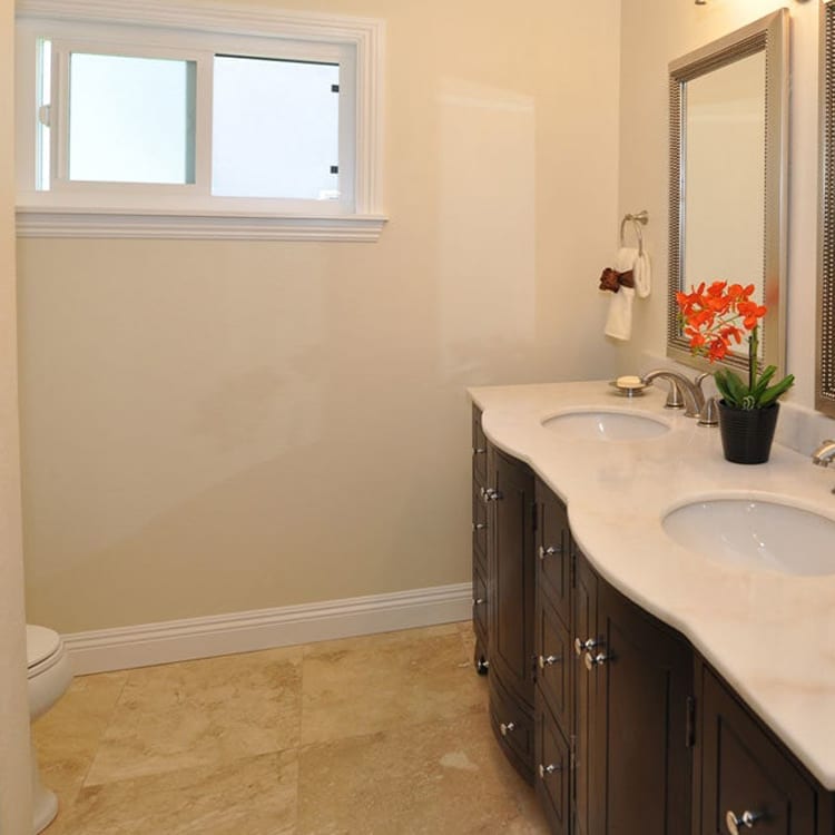 denizli beige travertine tile 18x18 Honed Filled 10071420 countertop in bathroom
