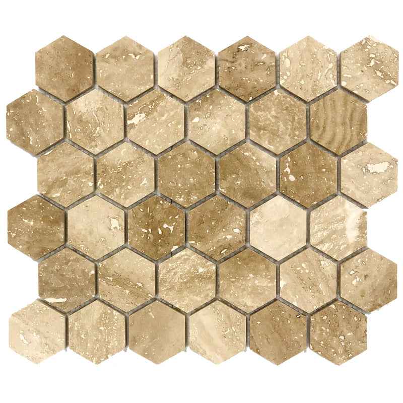 hexagon 2in patara travertine mosaic on 12x12 mesh product shot top view
