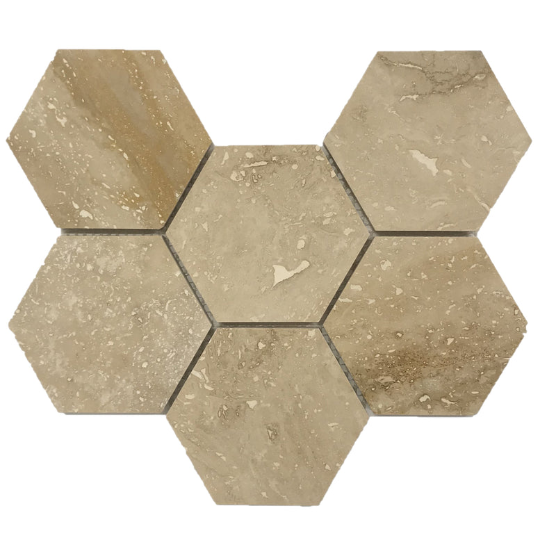 hexagon 4in patara travertine mosaic on 12x12 mesh product shot top view