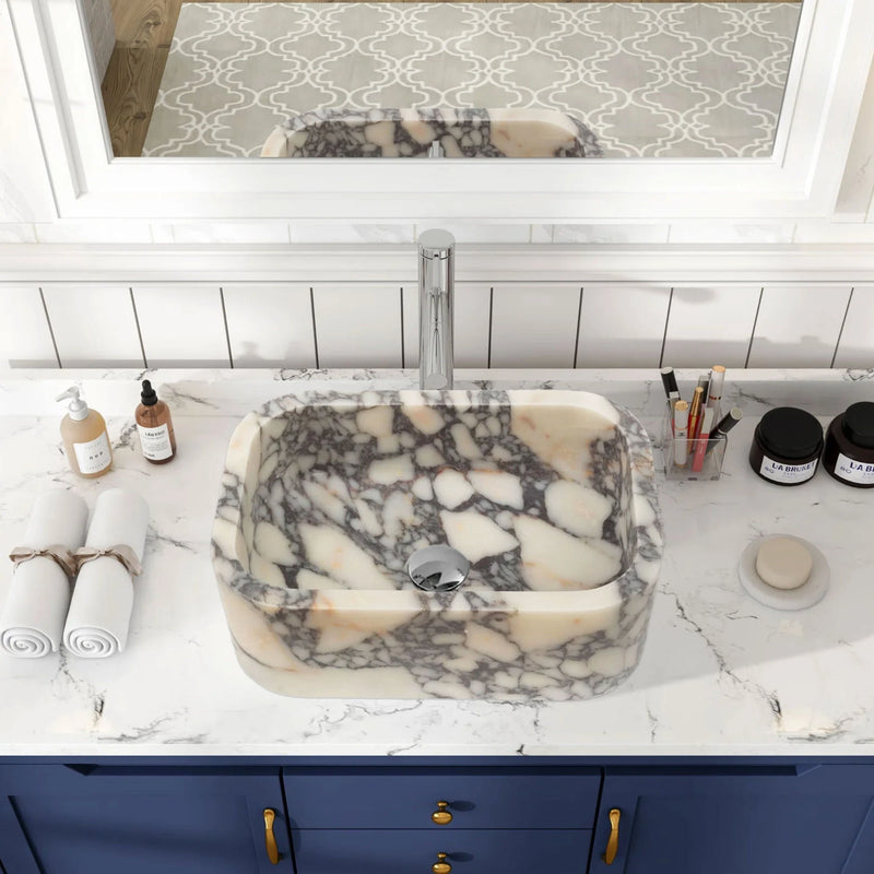 Calacatta Viola Real Marble Rectangular Sink Natural Stone Marble installed on bathroom counter view