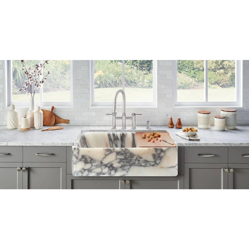 Calacatta Viola Real Marble Rectangular Sink Natural Stone Marble installed kitchen farmhouse sink view