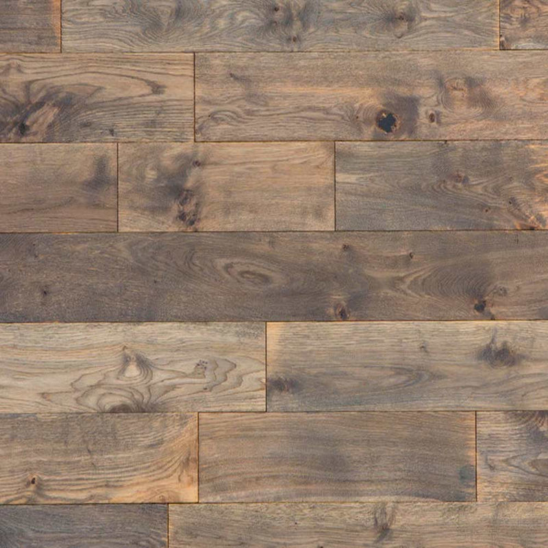 Solid hardwood 5" Wide 3/4" Thick Oak Wirebrushed and Handscraped Rino product shot wall view