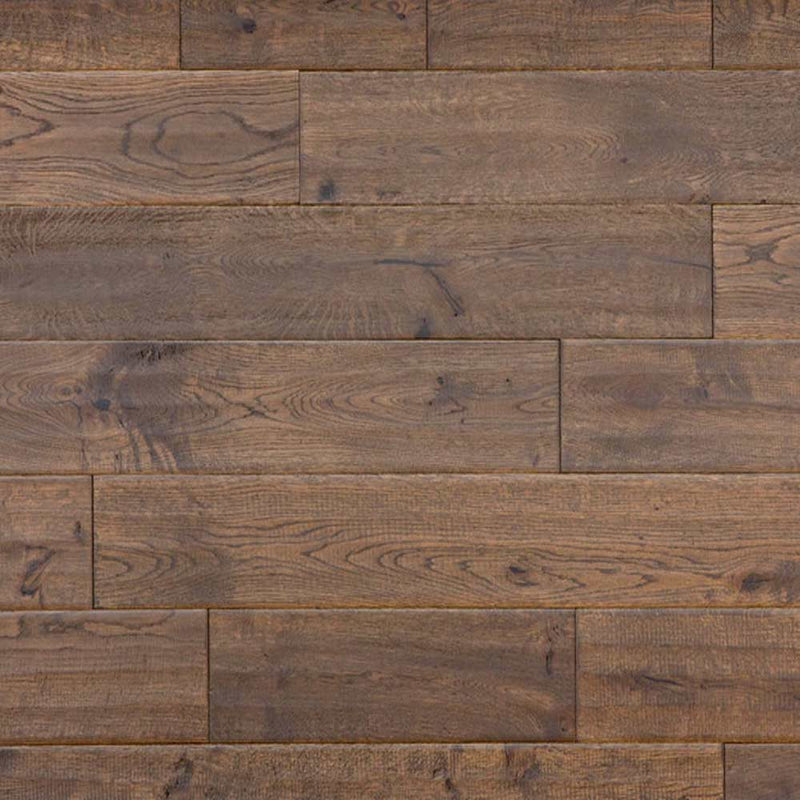 Solid hardwood 5"" Wide 3/4"" Thick Oak Wirebrushed and Handscraped Steel product shot wall view
