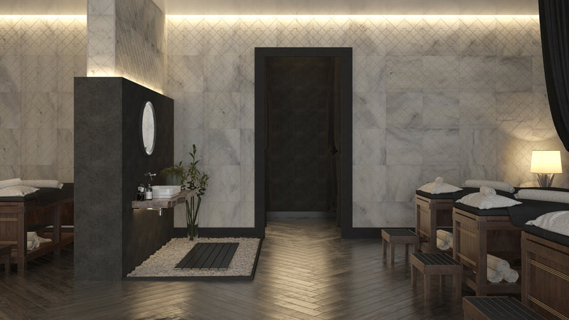 kemalpasa white marble carved stone model OYSTER 24x24 semi-polished installed on spa wall
