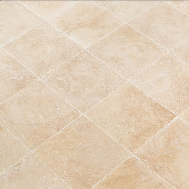 light beige premium travertine tile 24x24 Honed Filled angle closeup