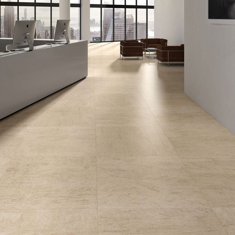 living style beige porcelain pavers 24x24in matte floor tile LPAVNLIVBEI2424 installed on reception area floor wide view