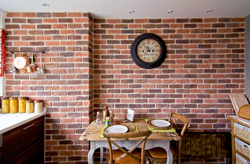 manufactured stone brick veneer barok cotto caramel lava mixed installed interior kitchen wall