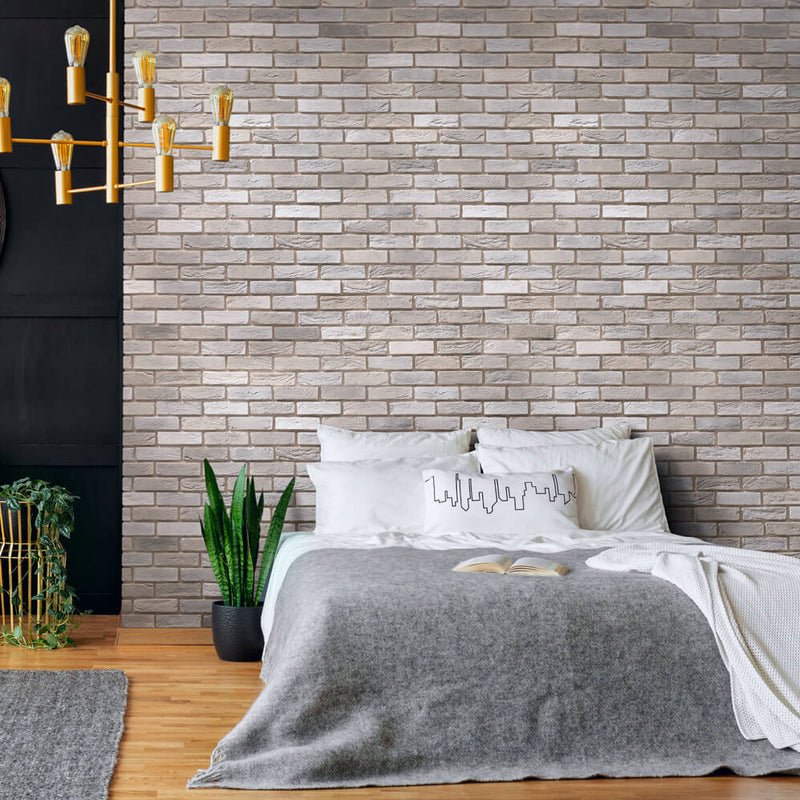 manufactured stone brick veneer loft dove handmade B09DV 317901 installed on modern bedroom wall