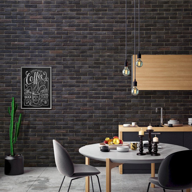 manufactured stone brick veneer slimfix mega nero black handmade B06NR 318815 installed on living room wall interior