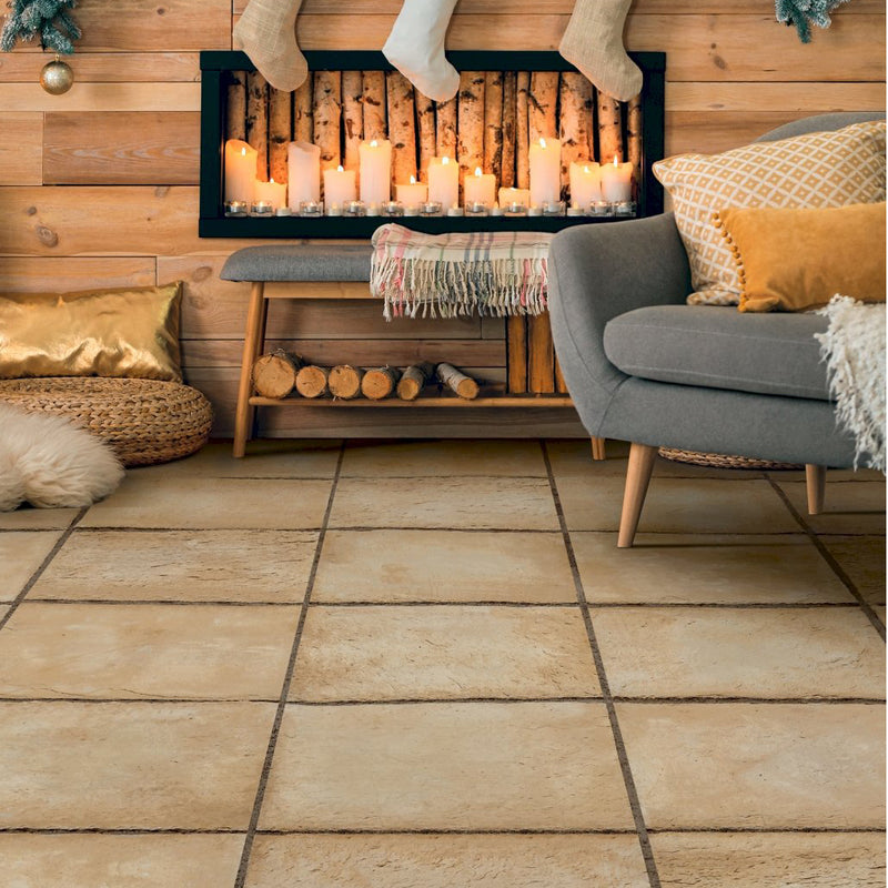 manufactured stone pavers 20x20 Arles Dark Yellow F03DY 317925 installed living room christmas decorations candles and woods