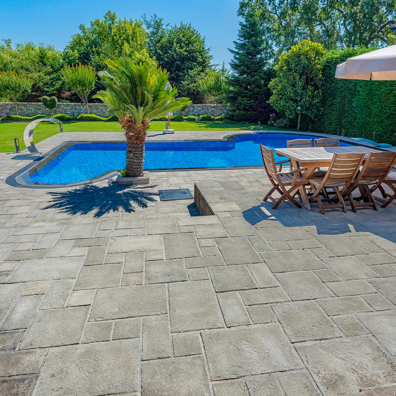 manufactured stone pavers Sienna ash Antique Pattern F01AS 317916 installed outdoor patio around swimming pool