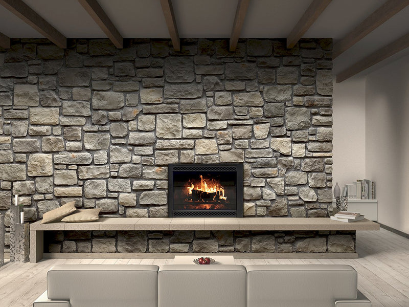 manufactured stone veneer ashlar pattern masso olive handmade S01OL 101192 installed indoor wall fireplace white couch seat infront fireplace