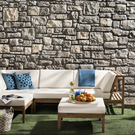 manufactured stone veneer ashlar pattern masso olive handmade S01OL 101192 installed patio white outdoor funiture closeup