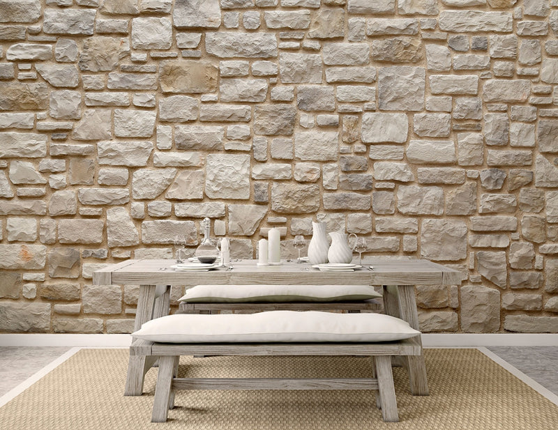 manufactured stone veneer ashlar pattern masso pearl handmade S01PR 101191 installed outdoors wooden bench picnic table wide