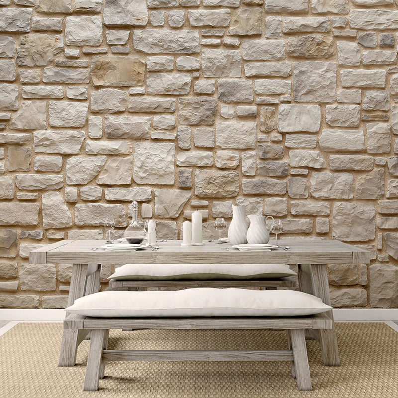 manufactured stone veneer ashlar pattern masso pearl handmade S01PR 101191 installed outdoors wooden bench picnic table