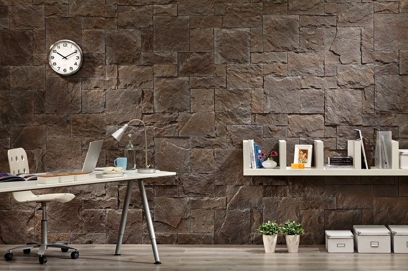 manufactured stone veneer ashlar pattern petra granat handmade S11GR 318787 installed office wall white desk shelf