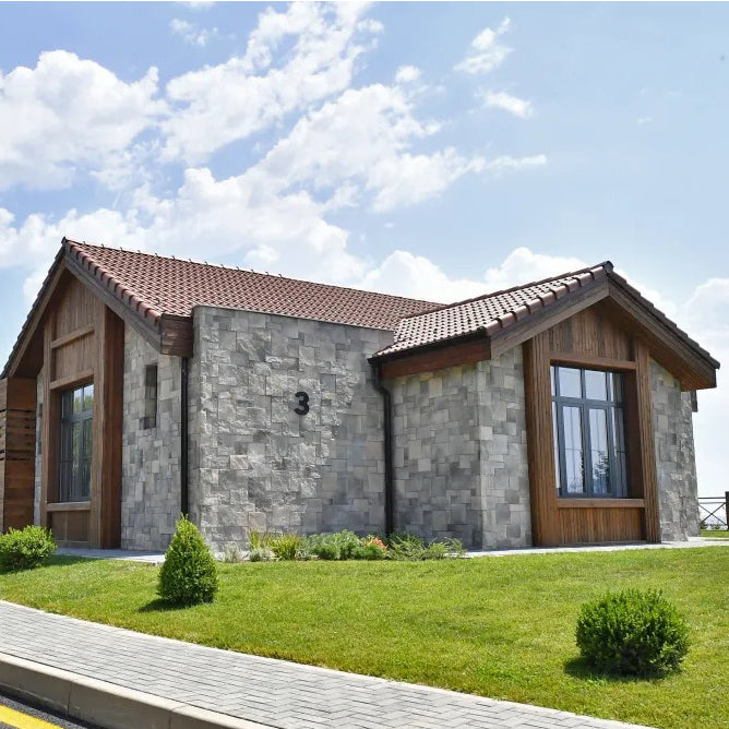 manufactured stone veneer ashlar pattern petra olive handmade S11OL 101241 installed facade house