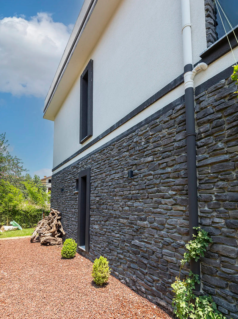 manufactured stone veneer slate look cappadocia anthracite handmade S03TH 101208 installed facade house nice backyard