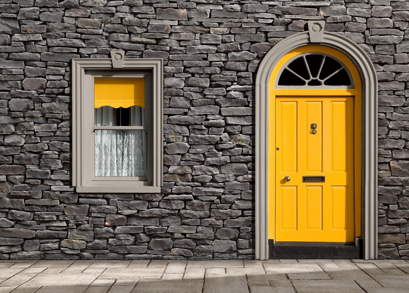 manufactured stone veneer slate look Cappadocia anthracite handmade S03TH 101208 installed facade house yellow door