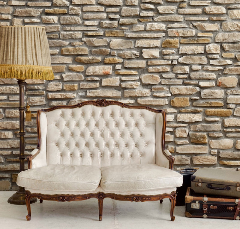 manufactured stone veneer slate look sand handmade S03SN 101205 installed walls interior house suitcases floor lamp couch